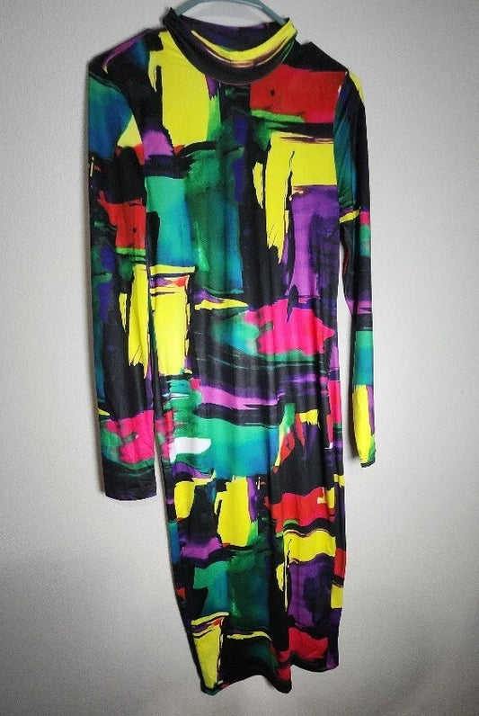 Shein SXY mock Neck Brush Stroke Print Bodycon Dress LARGE Multicolor